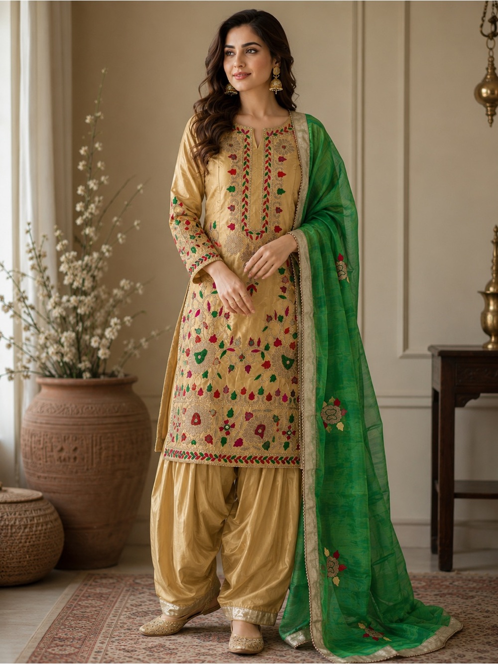 Pure silk Gold Embroidered Kurta Set with Pink & Green Accents farshi salwar